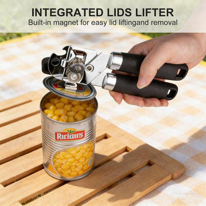 Manual Can Opener with Magnet, Heavy Duty Can Opener with Stainless Steel Cutting Wheel, Easy Turn Large Knob & Non-Slip Soft Grip Handle, Smooth Edge Handheld Opener for Kitchen Camping Seniors-Black