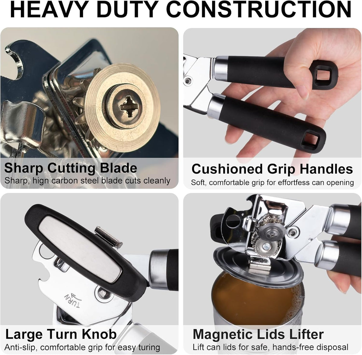 Manual Can Opener with Magnet, Heavy Duty Can Opener with Stainless Steel Cutting Wheel, Easy Turn Large Knob & Non-Slip Soft Grip Handle, Smooth Edge Handheld Opener for Kitchen Camping Seniors-Black