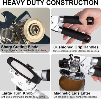 Manual Can Opener with Magnet, Heavy Duty Can Opener with Stainless Steel Cutting Wheel, Easy Turn Large Knob & Non-Slip Soft Grip Handle, Smooth Edge Handheld Opener for Kitchen Camping Seniors-Black