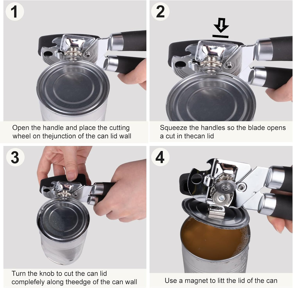 Manual Can Opener with Magnet, Heavy Duty Can Opener with Stainless Steel Cutting Wheel, Easy Turn Large Knob & Non-Slip Soft Grip Handle, Smooth Edge Handheld Opener for Kitchen Camping Seniors-Black