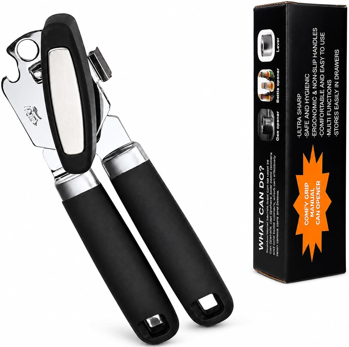Manual Can Opener with Magnet, Heavy Duty Can Opener with Stainless Steel Cutting Wheel, Easy Turn Large Knob & Non-Slip Soft Grip Handle, Smooth Edge Handheld Opener for Kitchen Camping Seniors-Black