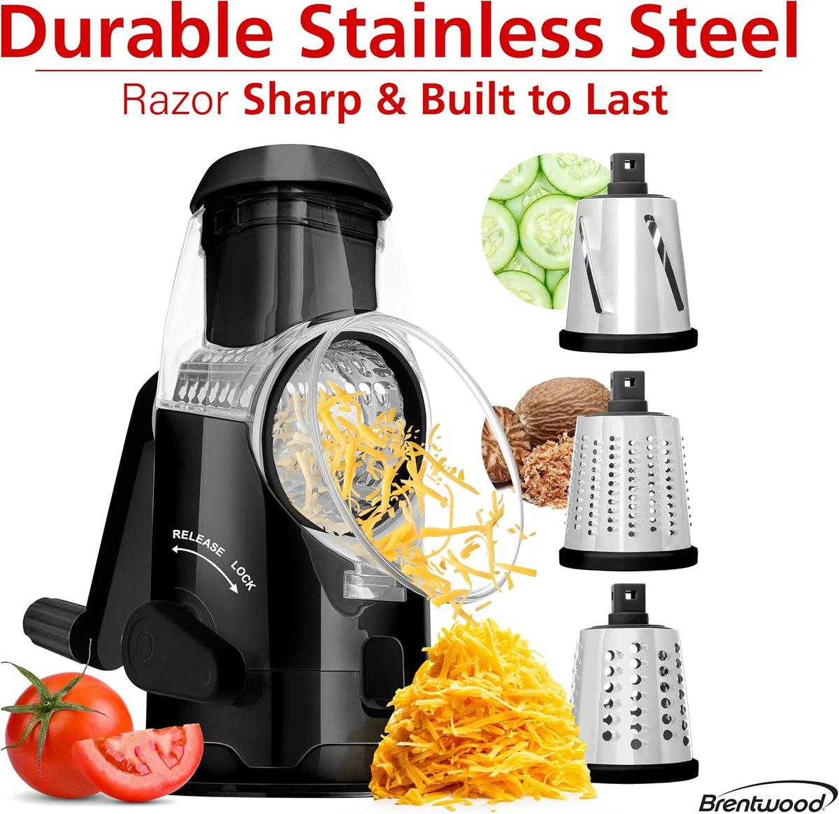 Brentwood KA-5060BK Rotary Cheese, Vegetable, Nut Grater, Shredder, and Slicer, with Handle and Stainless Steel Drum Blades, Black