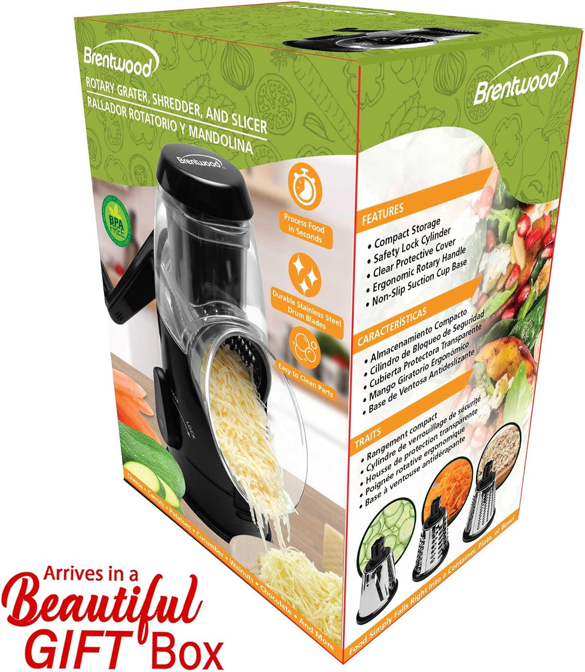 Brentwood KA-5060BK Rotary Cheese, Vegetable, Nut Grater, Shredder, and Slicer, with Handle and Stainless Steel Drum Blades, Black