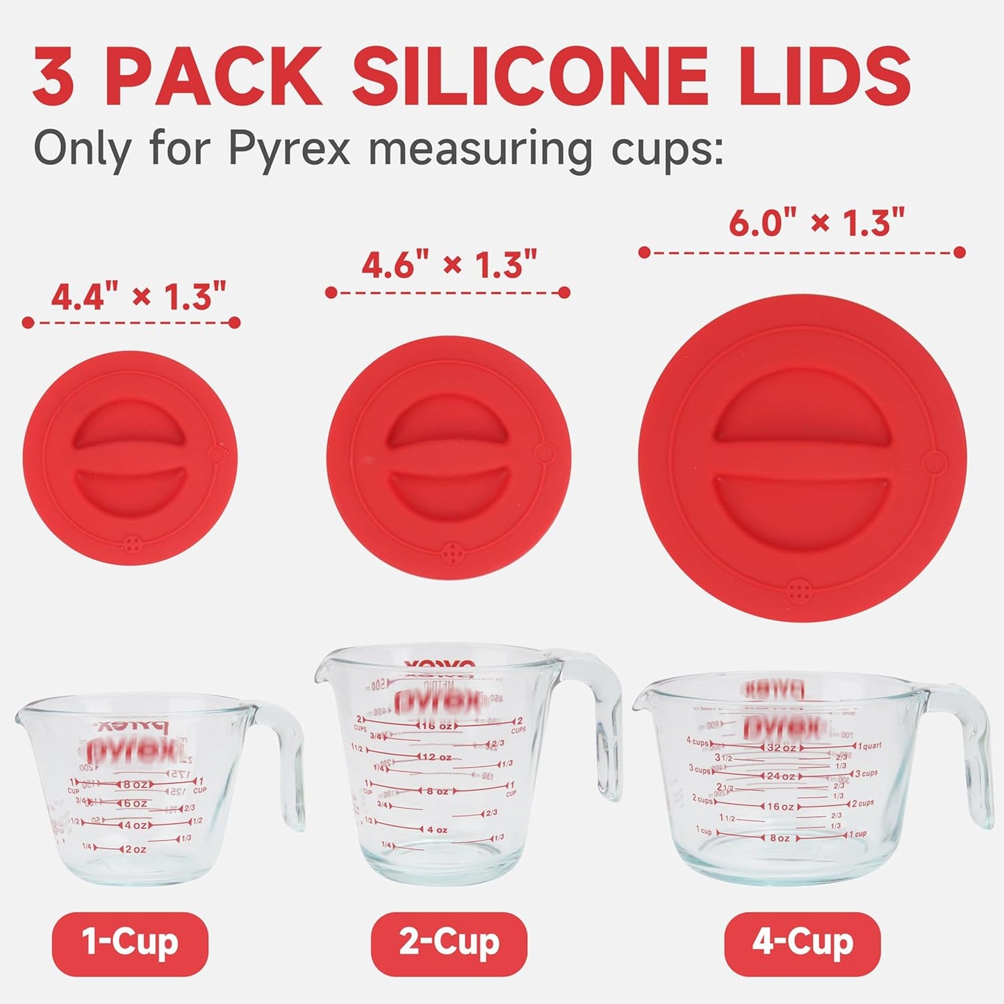 3 Pack Silicone Replacement Lids, Respectively Fits Pyrex 1-Cup, 2-Cup & 4-Cup Tempered Glass Liquid Measuring Cups, Reusable & Food-grade Silicone, Dishwasher & Microwave Safe