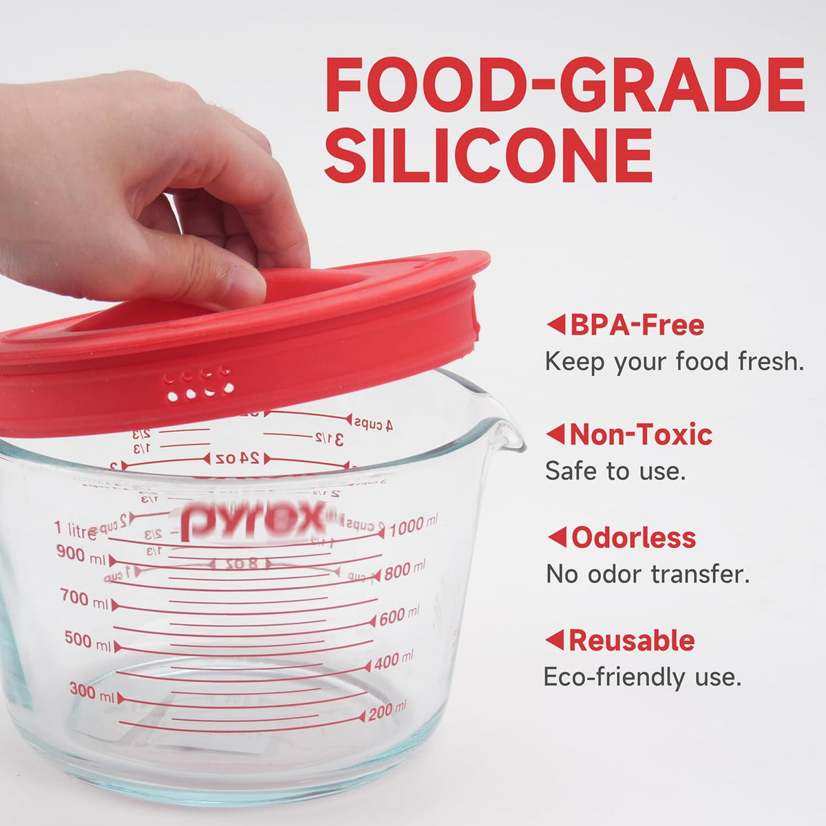 3 Pack Silicone Replacement Lids, Respectively Fits Pyrex 1-Cup, 2-Cup & 4-Cup Tempered Glass Liquid Measuring Cups, Reusable & Food-grade Silicone, Dishwasher & Microwave Safe