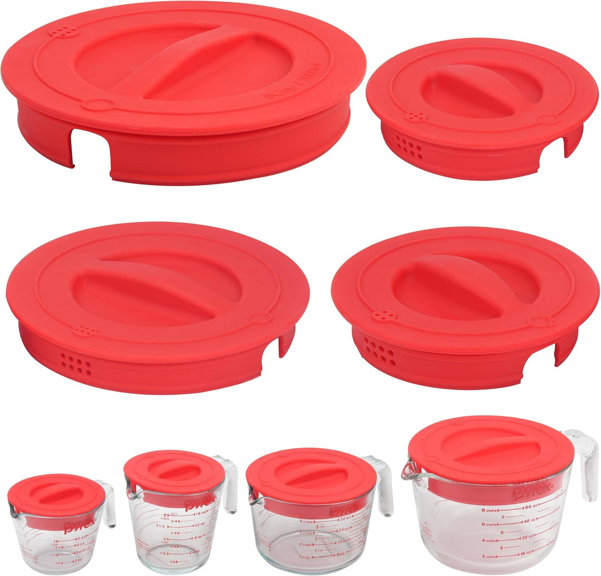 3 Pack Silicone Replacement Lids, Respectively Fits Pyrex 1-Cup, 2-Cup & 4-Cup Tempered Glass Liquid Measuring Cups, Reusable & Food-grade Silicone, Dishwasher & Microwave Safe