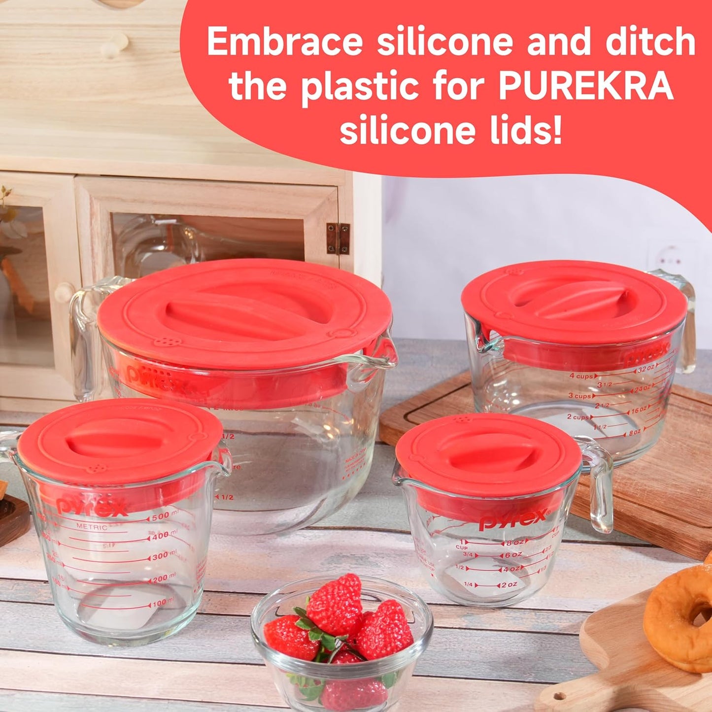 3 Pack Silicone Replacement Lids, Respectively Fits Pyrex 1-Cup, 2-Cup & 4-Cup Tempered Glass Liquid Measuring Cups, Reusable & Food-grade Silicone, Dishwasher & Microwave Safe