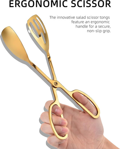 Salad Tongs for Serving 2 Pack - Premium Stainless Steel Scissor-Style, Non-Toxic, Heat-Resistant Salad Servers, Dishwasher Safe, Ideal for Buffet and Party Use (Gold)