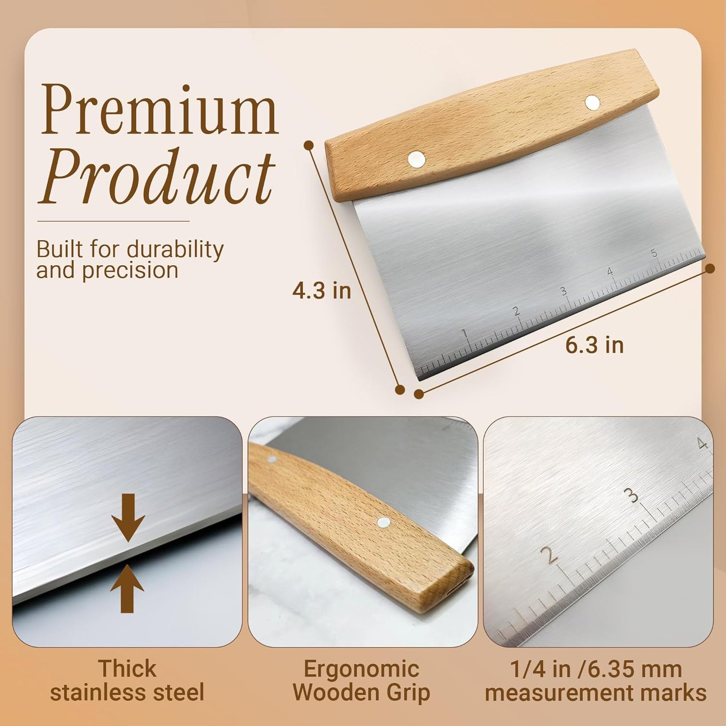 Multipurpose Bench Scraper, Dough Scraper and Dough Cutter for Flat Top Griddle, Bread, Pizza, and Pastry – Stainless Steel Griddle Scraper Chopper for Baking and Cooking