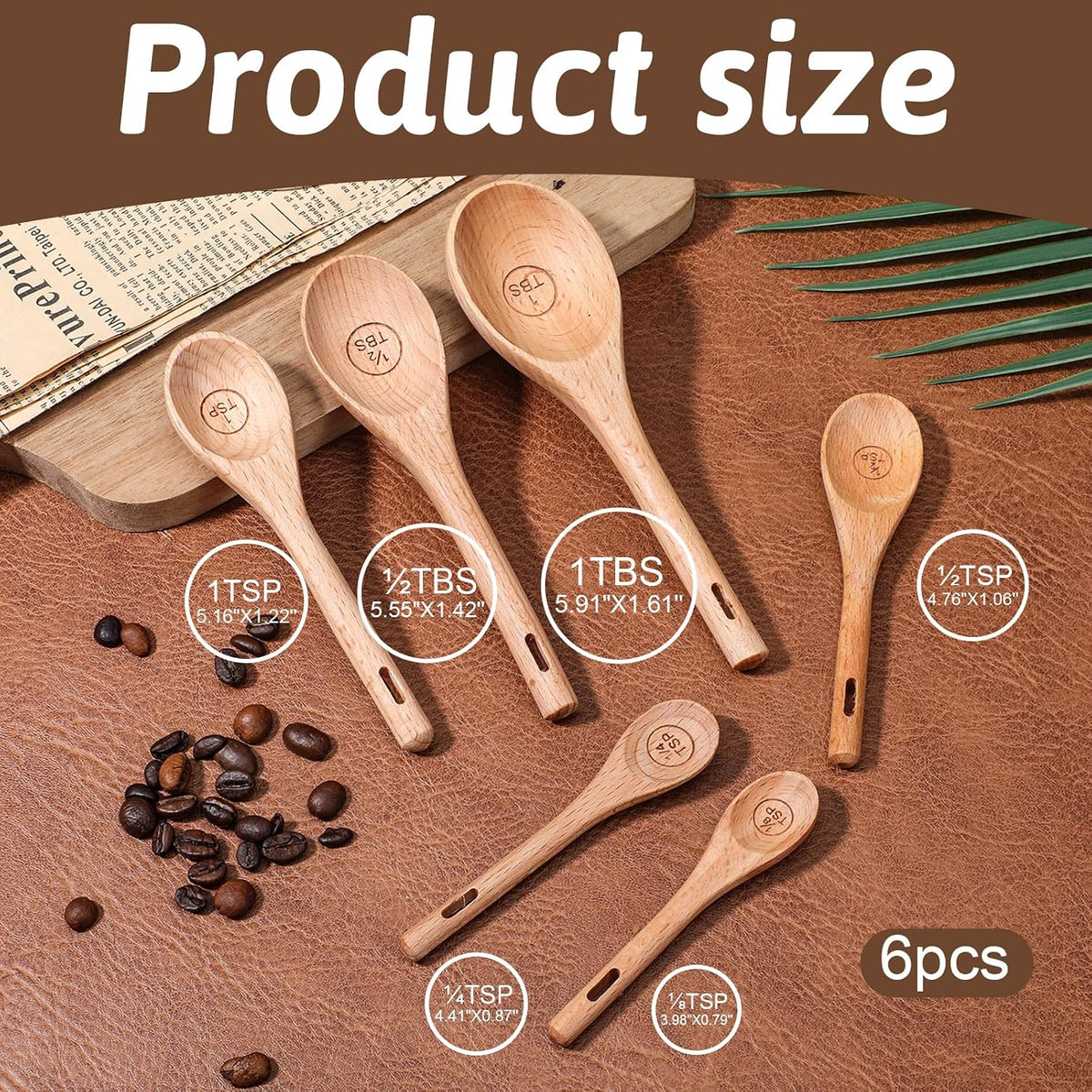 6pcs Wooden Measuring Spoons and Scoops Set Measurings Tablespoons Natural Retro Measuring Scoops for Measurings Dry Ingredients(1/8 tsp+1/4 tsp+1/2 tsp+1 tsp+1/2 tbsp+1 tbsp)