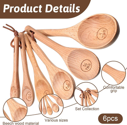 6pcs Wooden Measuring Spoons and Scoops Set Measurings Tablespoons Natural Retro Measuring Scoops for Measurings Dry Ingredients(1/8 tsp+1/4 tsp+1/2 tsp+1 tsp+1/2 tbsp+1 tbsp)