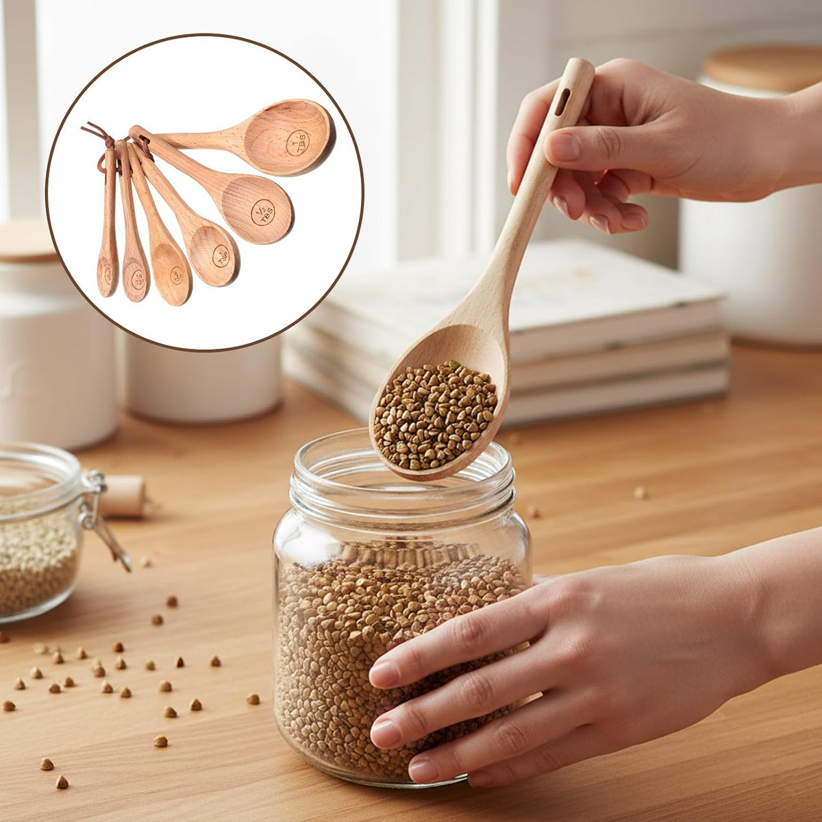 6pcs Wooden Measuring Spoons and Scoops Set Measurings Tablespoons Natural Retro Measuring Scoops for Measurings Dry Ingredients(1/8 tsp+1/4 tsp+1/2 tsp+1 tsp+1/2 tbsp+1 tbsp)