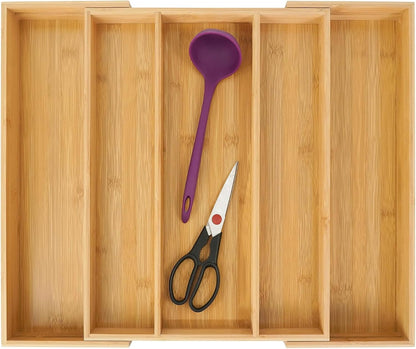 Bamboo Expandable Kitchen Drawer Organizer, Adjustable Utensil Holder and Cutlery Tray Organiser, Drawer Divider for Silverware, Flatware, Knives in Kitchen, Bedroom, Living Room, 5 Slot