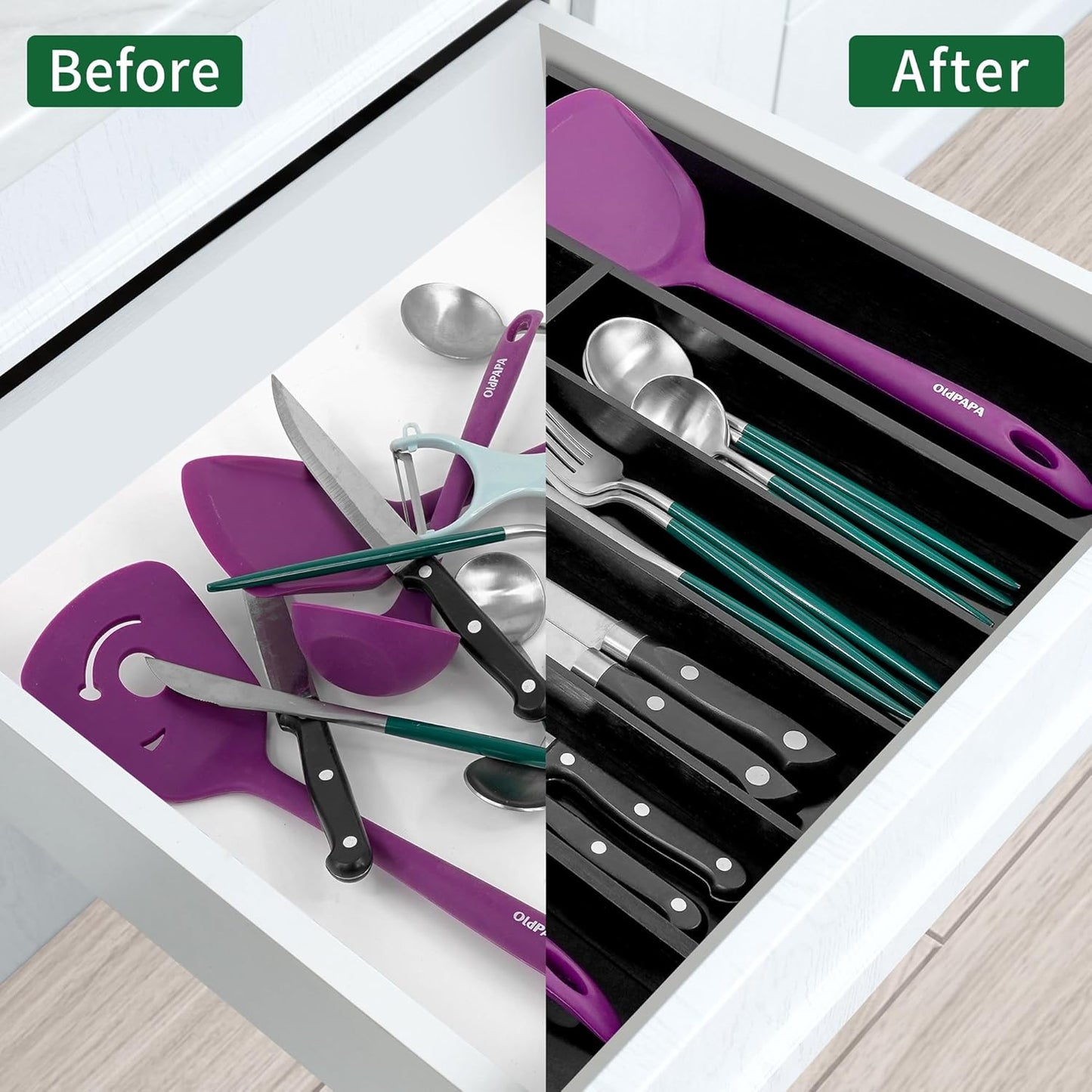 Bamboo Expandable Kitchen Drawer Organizer, Adjustable Utensil Holder and Cutlery Tray Organiser, Drawer Divider for Silverware, Flatware, Knives in Kitchen, Bedroom, Living Room, 5 Slot