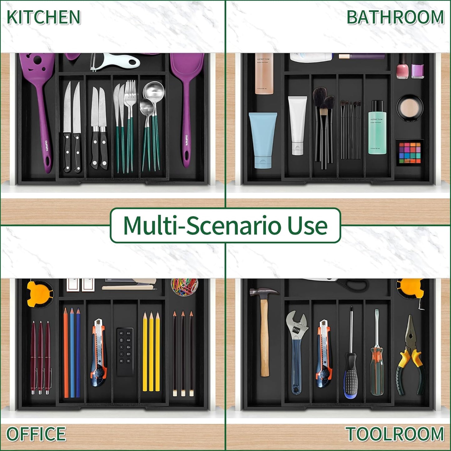 Bamboo Expandable Kitchen Drawer Organizer, Adjustable Utensil Holder and Cutlery Tray Organiser, Drawer Divider for Silverware, Flatware, Knives in Kitchen, Bedroom, Living Room, 5 Slot