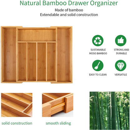 Bamboo Expandable Kitchen Drawer Organizer, Adjustable Utensil Holder and Cutlery Tray Organiser, Drawer Divider for Silverware, Flatware, Knives in Kitchen, Bedroom, Living Room, 5 Slot