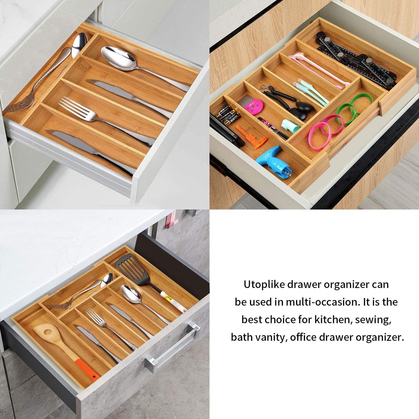 Bamboo Expandable Kitchen Drawer Organizer, Adjustable Utensil Holder and Cutlery Tray Organiser, Drawer Divider for Silverware, Flatware, Knives in Kitchen, Bedroom, Living Room, 5 Slot