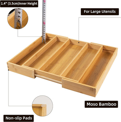 Bamboo Expandable Kitchen Drawer Organizer, Adjustable Utensil Holder and Cutlery Tray Organiser, Drawer Divider for Silverware, Flatware, Knives in Kitchen, Bedroom, Living Room, 5 Slot