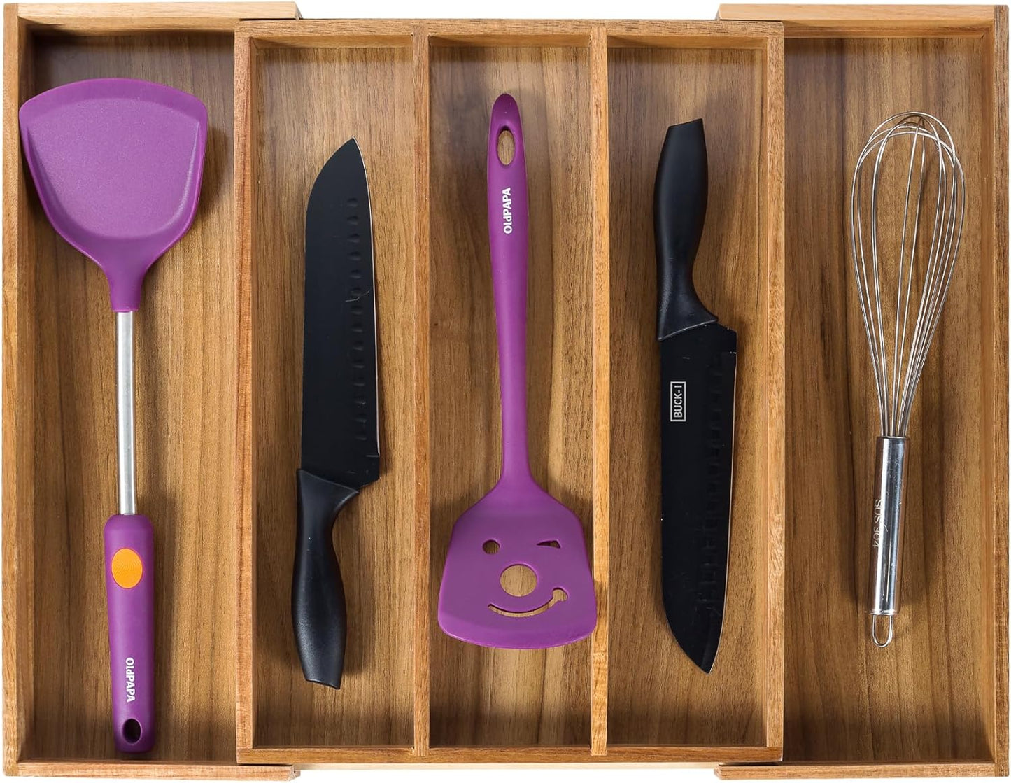 Bamboo Expandable Kitchen Drawer Organizer, Adjustable Utensil Holder and Cutlery Tray Organiser, Drawer Divider for Silverware, Flatware, Knives in Kitchen, Bedroom, Living Room, 5 Slot