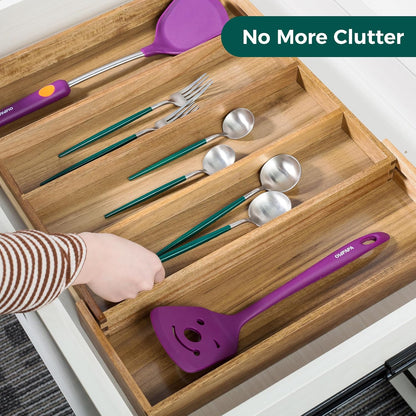 Bamboo Expandable Kitchen Drawer Organizer, Adjustable Utensil Holder and Cutlery Tray Organiser, Drawer Divider for Silverware, Flatware, Knives in Kitchen, Bedroom, Living Room, 5 Slot