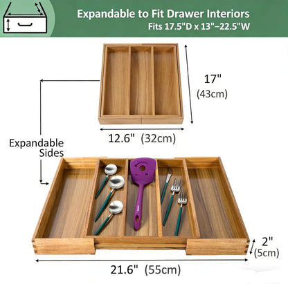 Bamboo Expandable Kitchen Drawer Organizer, Adjustable Utensil Holder and Cutlery Tray Organiser, Drawer Divider for Silverware, Flatware, Knives in Kitchen, Bedroom, Living Room, 5 Slot