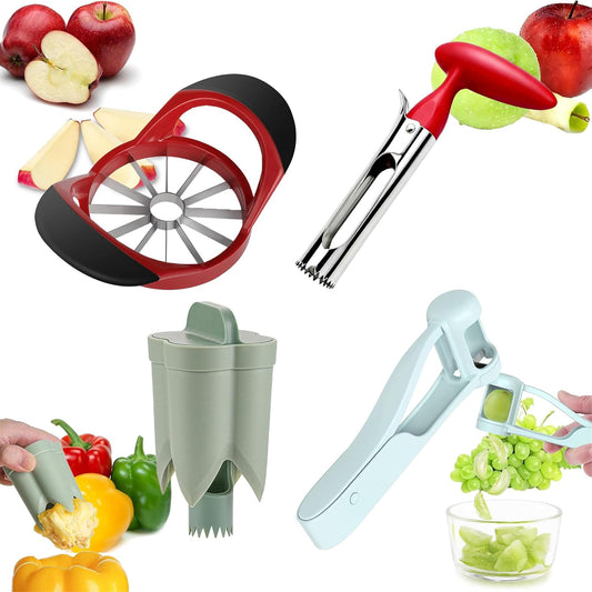 4PCS Kitchen Tool Set - Stainless Steel Fruit Slicer and Corer, Easy to Use and Clean, Suitable for Apples, Pears, Grapes and Peppers, Essential for Preparing Vegetable Salads and Coring Fruit (4 pcs)