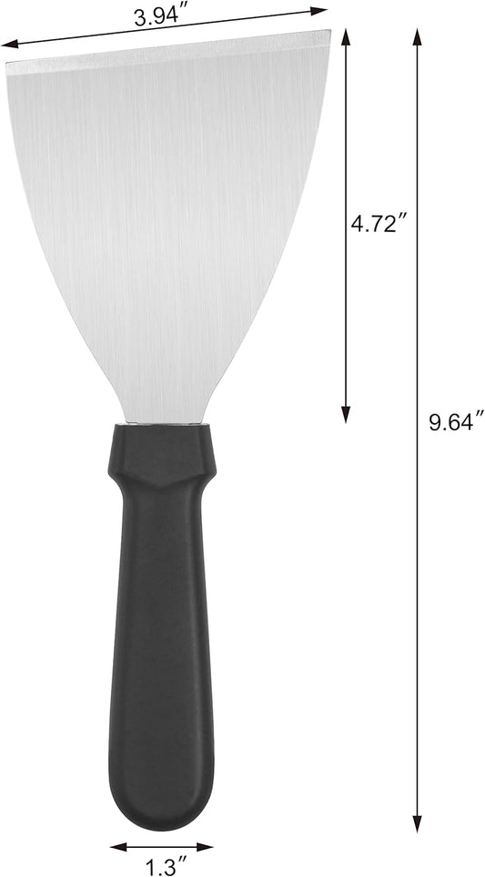 Stainless Steel Slant Edge Grill Scraper with Black Plastic Handle, 4 x 8.5 Inch Restaurant Grade Griddle Scraper, Flat Top Scraper, Grill Cleaning Tool