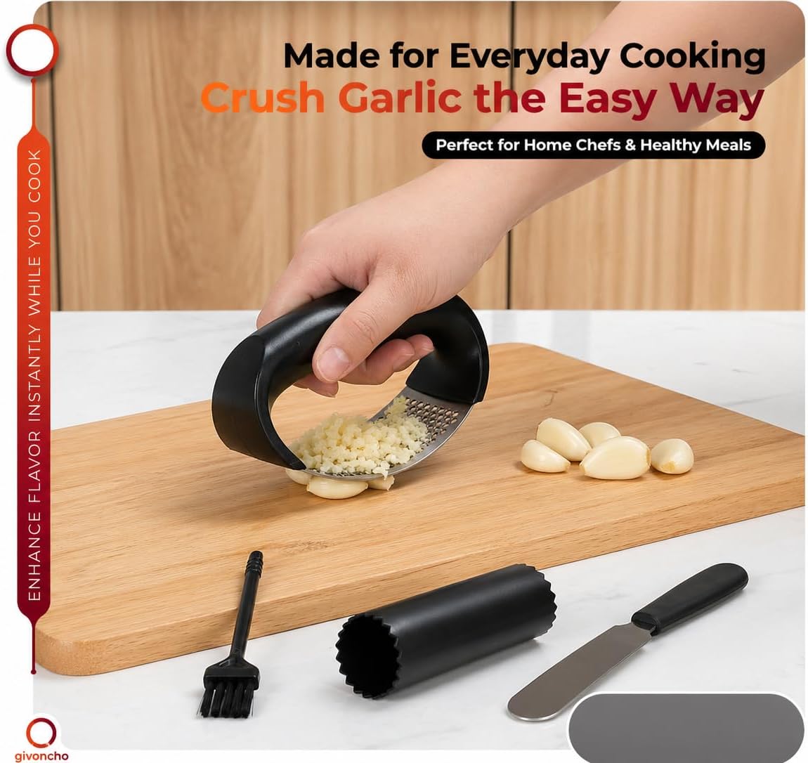 Garlic Press Rocker Set, Stainless Steel Garlic Crusher & Mincer Tool, Garlic Grinder with Peeler, Cleaning Brush and Spatula for Easy Garlic Mincing