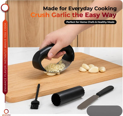 Garlic Press Rocker Set, Stainless Steel Garlic Crusher & Mincer Tool, Garlic Grinder with Peeler, Cleaning Brush and Spatula for Easy Garlic Mincing