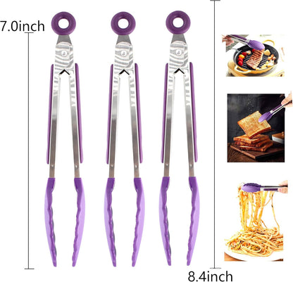 7-inch Mini Silicone Kitchen Tongs for Serving Food, Set of 3, Purple | Small Serving Tongs with Silicone Tips, Heat Resistant Utensils for Cooking, Grilling & Baking