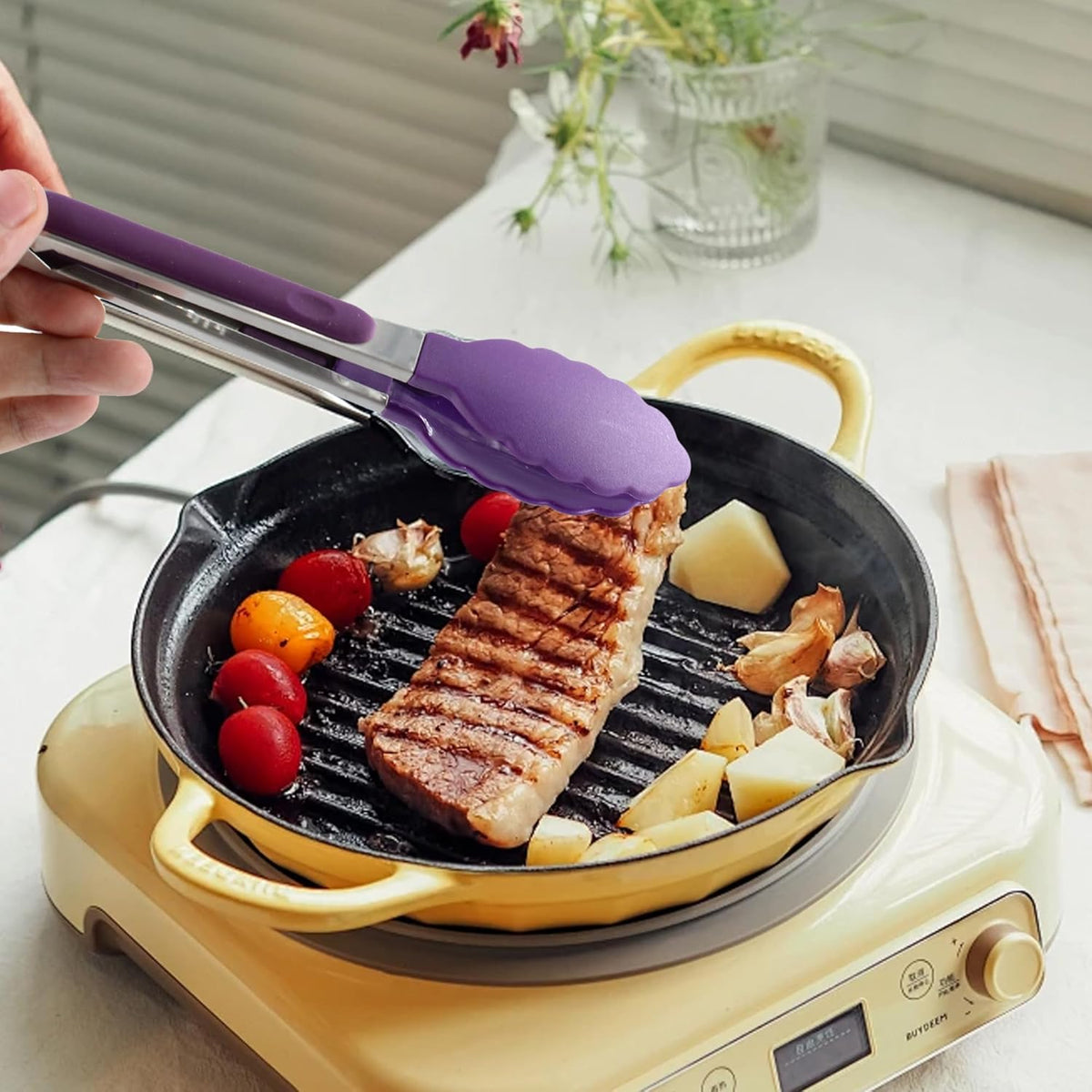 7-inch Mini Silicone Kitchen Tongs for Serving Food, Set of 3, Purple | Small Serving Tongs with Silicone Tips, Heat Resistant Utensils for Cooking, Grilling & Baking