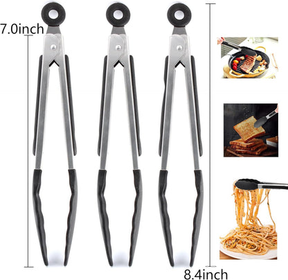 7-inch Mini Silicone Kitchen Tongs for Serving Food, Set of 3, Purple | Small Serving Tongs with Silicone Tips, Heat Resistant Utensils for Cooking, Grilling & Baking