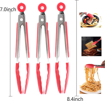 7-inch Mini Silicone Kitchen Tongs for Serving Food, Set of 3, Purple | Small Serving Tongs with Silicone Tips, Heat Resistant Utensils for Cooking, Grilling & Baking