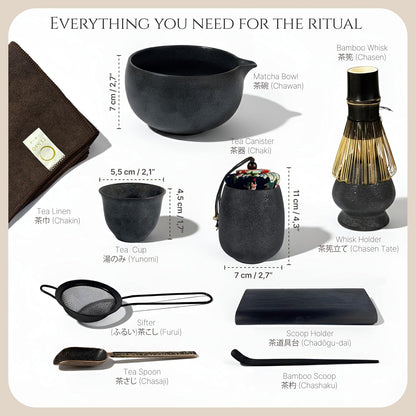 Premium Matcha Whisk Set – 10 Piece Japanese Matcha Tea Ceremony Kit | Matcha Bowl, Tea Canister, Purple Bamboo Whisk, Whisk Holder, Sifter, Scoop & Scoop Holder, Cup, Cloth, Spoon - Dark Gray