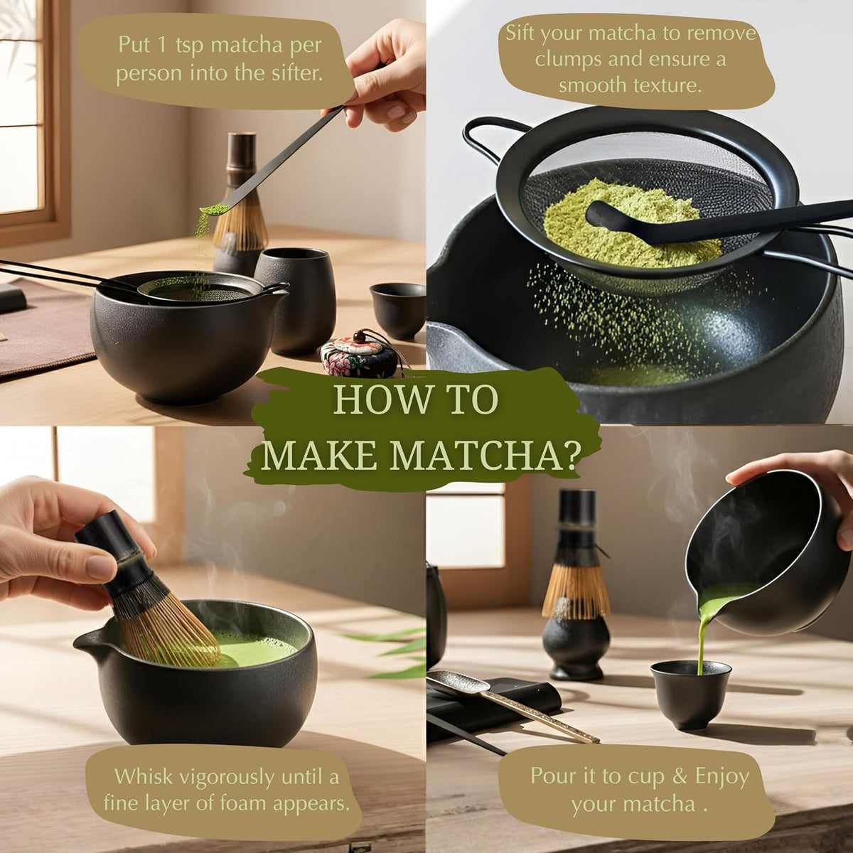 Premium Matcha Whisk Set – 10 Piece Japanese Matcha Tea Ceremony Kit | Matcha Bowl, Tea Canister, Purple Bamboo Whisk, Whisk Holder, Sifter, Scoop & Scoop Holder, Cup, Cloth, Spoon - Dark Gray
