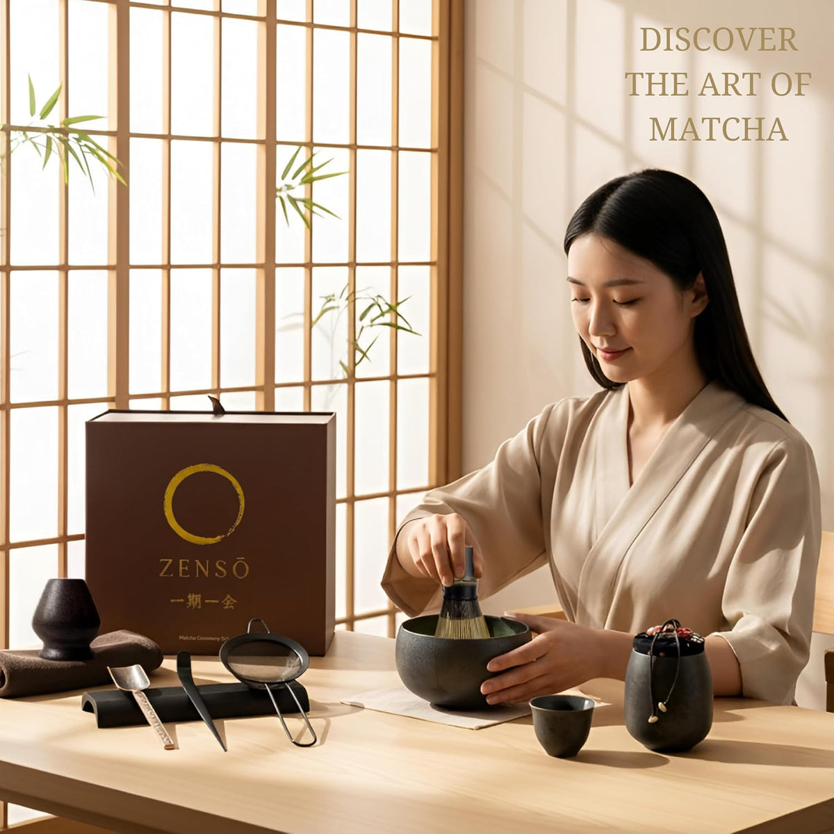 Premium Matcha Whisk Set – 10 Piece Japanese Matcha Tea Ceremony Kit | Matcha Bowl, Tea Canister, Purple Bamboo Whisk, Whisk Holder, Sifter, Scoop & Scoop Holder, Cup, Cloth, Spoon - Dark Gray