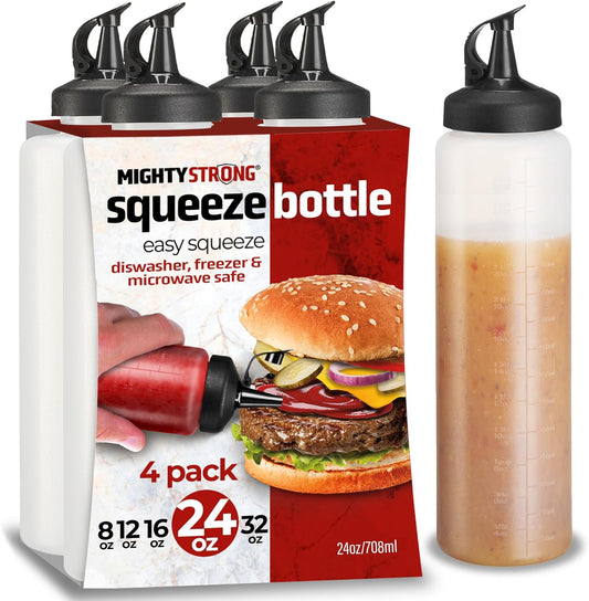 Condiment Squeeze Bottles 24 Oz –Easy Pour Sauce Bottle With Leak Proof Snap Cap, Plastic Squeeze Bottles For Sauces, Condiment Containers, clear