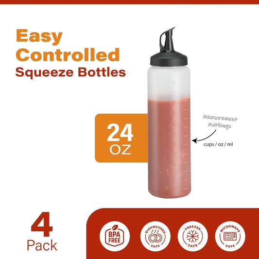 Condiment Squeeze Bottles 24 Oz –Easy Pour Sauce Bottle With Leak Proof Snap Cap, Plastic Squeeze Bottles For Sauces, Condiment Containers, clear