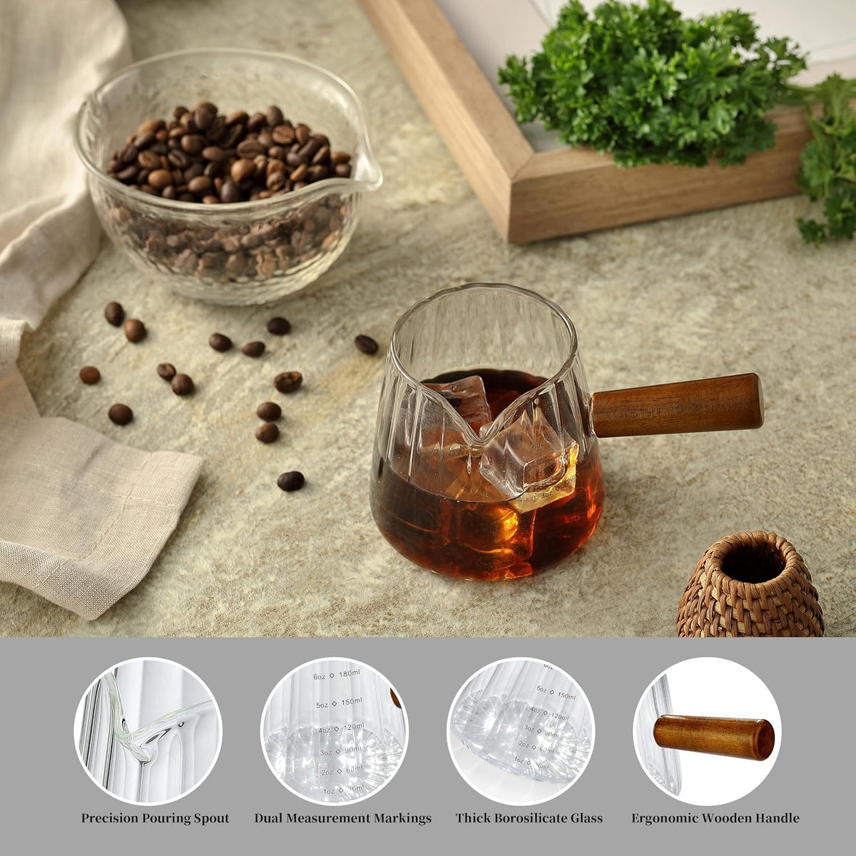 6OZ Espresso Cups, Glass Espresso Shot Measuring Cup with V-Shaped Mouth, Markings in both oz& ml