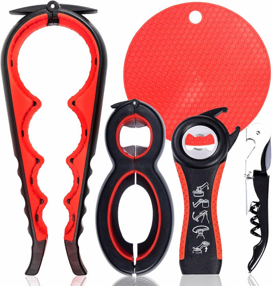 Jar Opener Bottle Opener for Weak hands 5 Pack, Multi Kitchen Tools Set for Weak Hands, Children, Seniors with Arthritis, Lid Opener for Children, with Silicone Handle (Red)