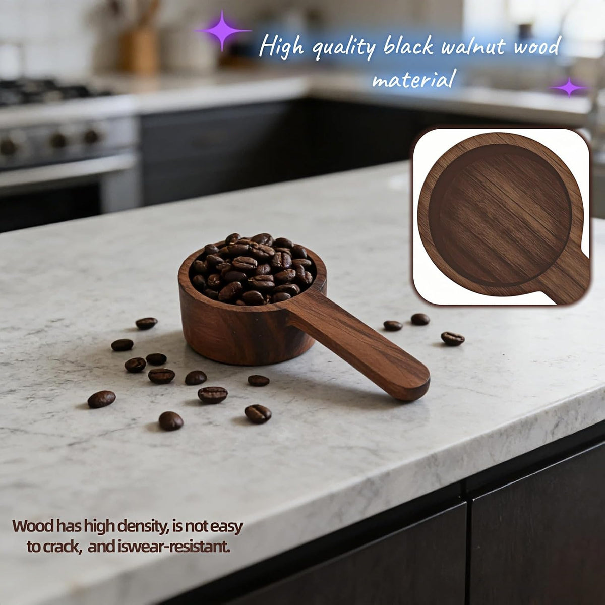 Black Walnut Wood Coffee Scoop, Measuring Spoon for Coffee Beans, Tea, Flour and Oats, Natural Texture, 3.86 Inch