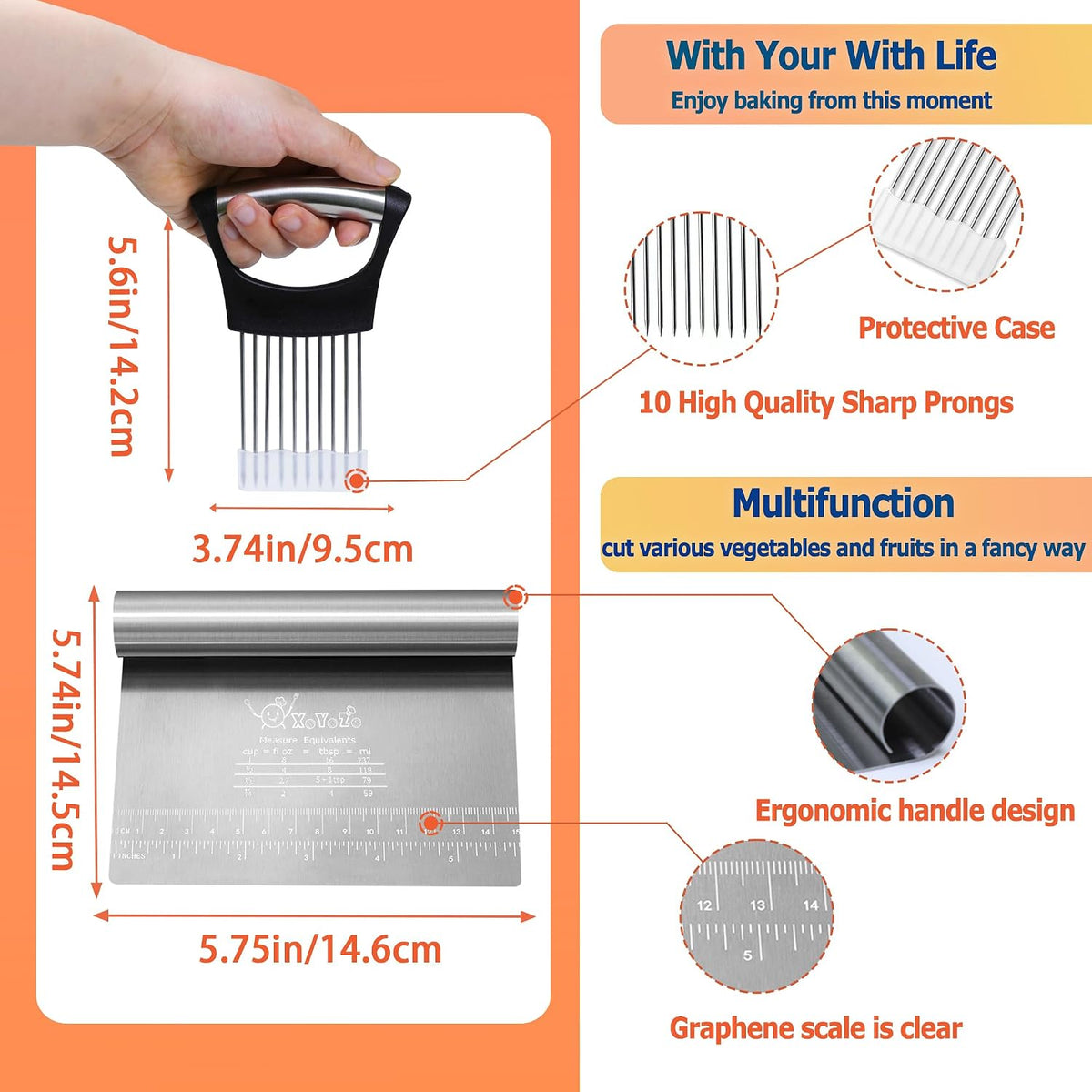 Bench Scraper Dough Chopper Onion Holder for Slicing Slicer Onion Cutter with Protective Cover and Anti-Slip Handle Stainless Steel Chopper for Potato, Tomato, Avocados, Eggs, Vegetable, Onions