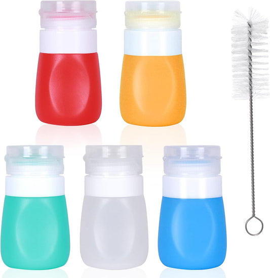 Salad Dressing Container to Go, Mini Food Condiment Portable Storage Squeeze Bottles for Ketchup/Sauces, Leak Proof, Leak-Resistant, 5 Pack with Cleaning Brush (1.3oz, 37ML)