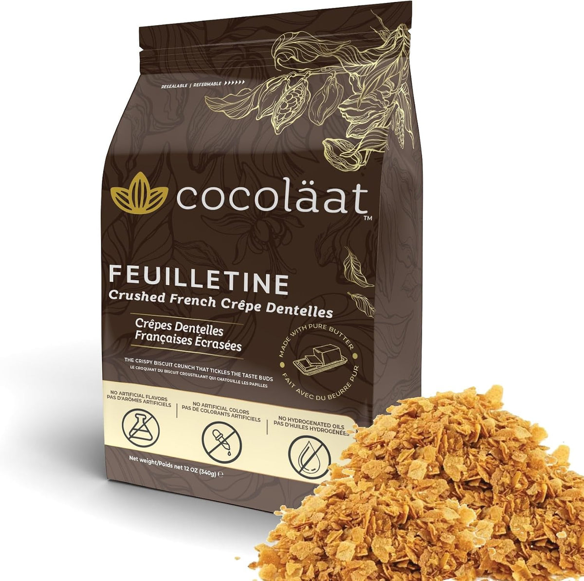 Feuilletine Crushed French Crêpe Dentelles | Crumbled Biscuit Crunch | Made With Real Butter | Imported from France | Resealable Stand Up Pouch | 12 oz/340 g