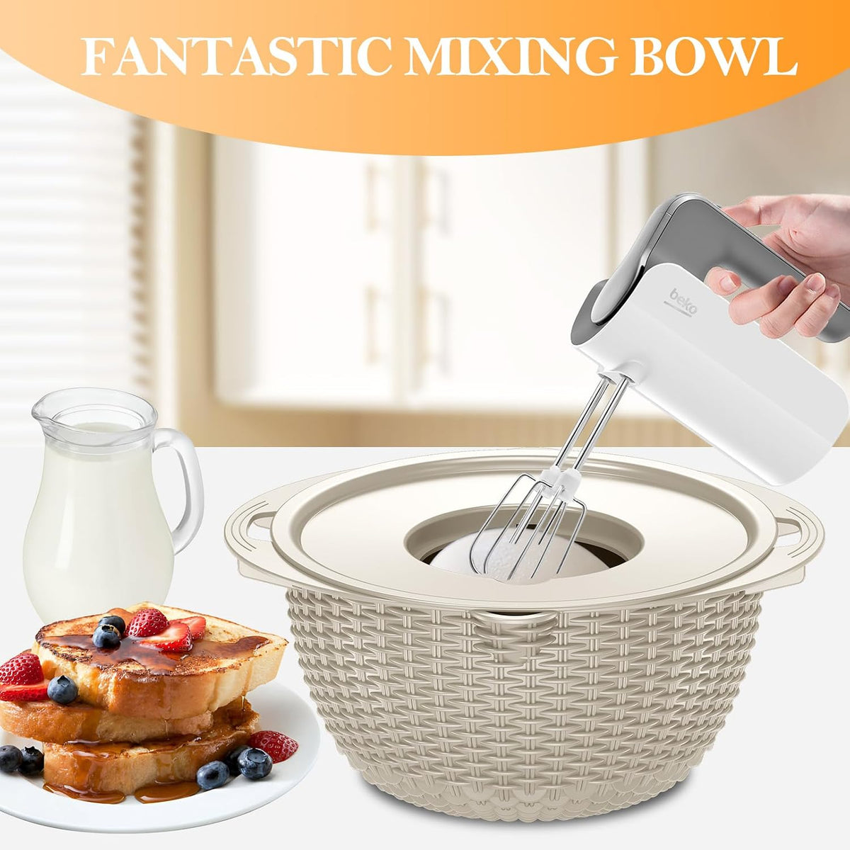4-1 Colander with Bowl Set, Food Strainers and Colanders, Fruit Washing Bowl with Strainer, Rotatable Colander for Kitchen, Aesthetic Kitchen Gadget, Christmas & New Year Gifts - Beige
