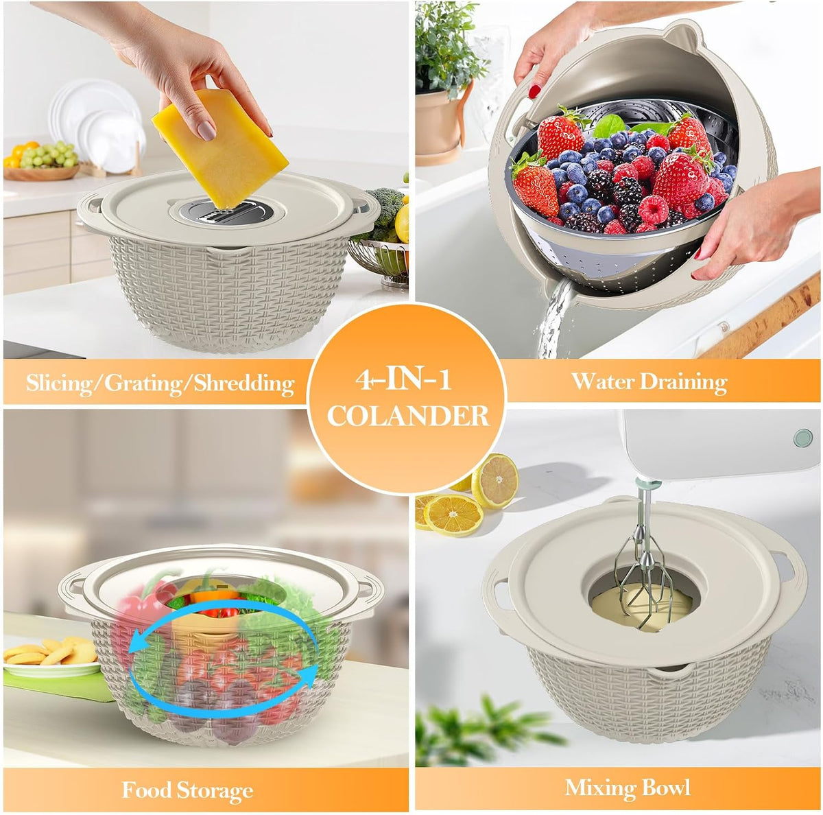 4-1 Colander with Bowl Set, Food Strainers and Colanders, Fruit Washing Bowl with Strainer, Rotatable Colander for Kitchen, Aesthetic Kitchen Gadget, Christmas & New Year Gifts - Beige