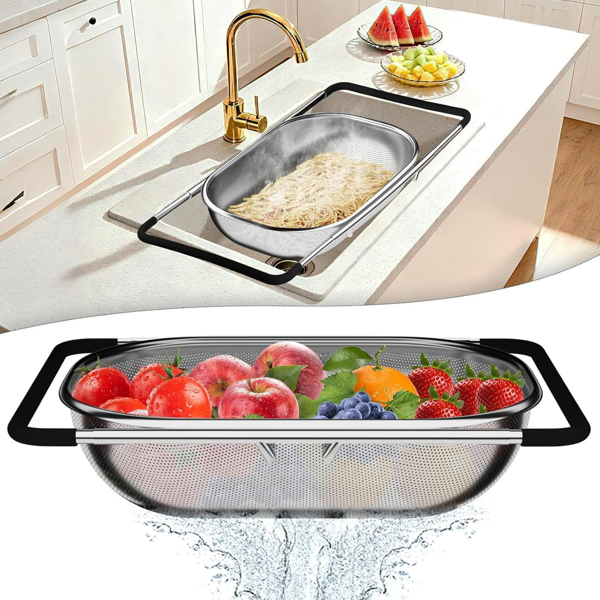 4-1 Colander with Bowl Set, Food Strainers and Colanders, Fruit Washing Bowl with Strainer, Rotatable Colander for Kitchen, Aesthetic Kitchen Gadget, Christmas & New Year Gifts - Beige