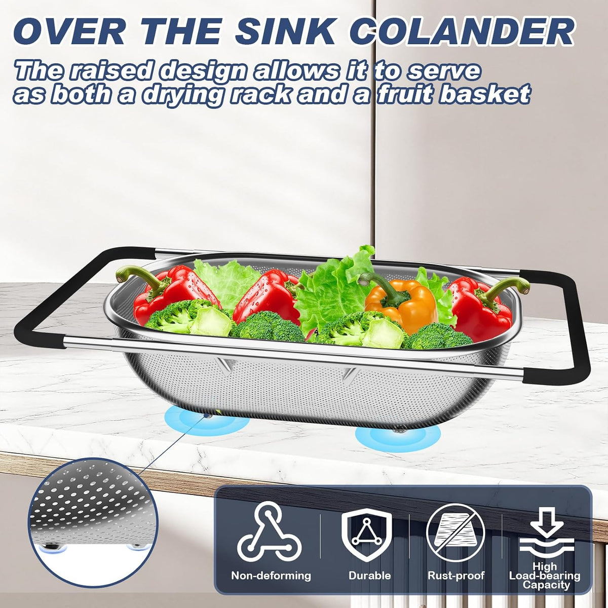 4-1 Colander with Bowl Set, Food Strainers and Colanders, Fruit Washing Bowl with Strainer, Rotatable Colander for Kitchen, Aesthetic Kitchen Gadget, Christmas & New Year Gifts - Beige