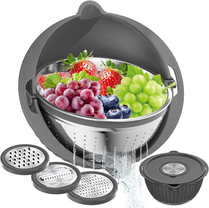 4-1 Colander with Bowl Set, Food Strainers and Colanders, Fruit Washing Bowl with Strainer, Rotatable Colander for Kitchen, Aesthetic Kitchen Gadget, Christmas & New Year Gifts - Beige