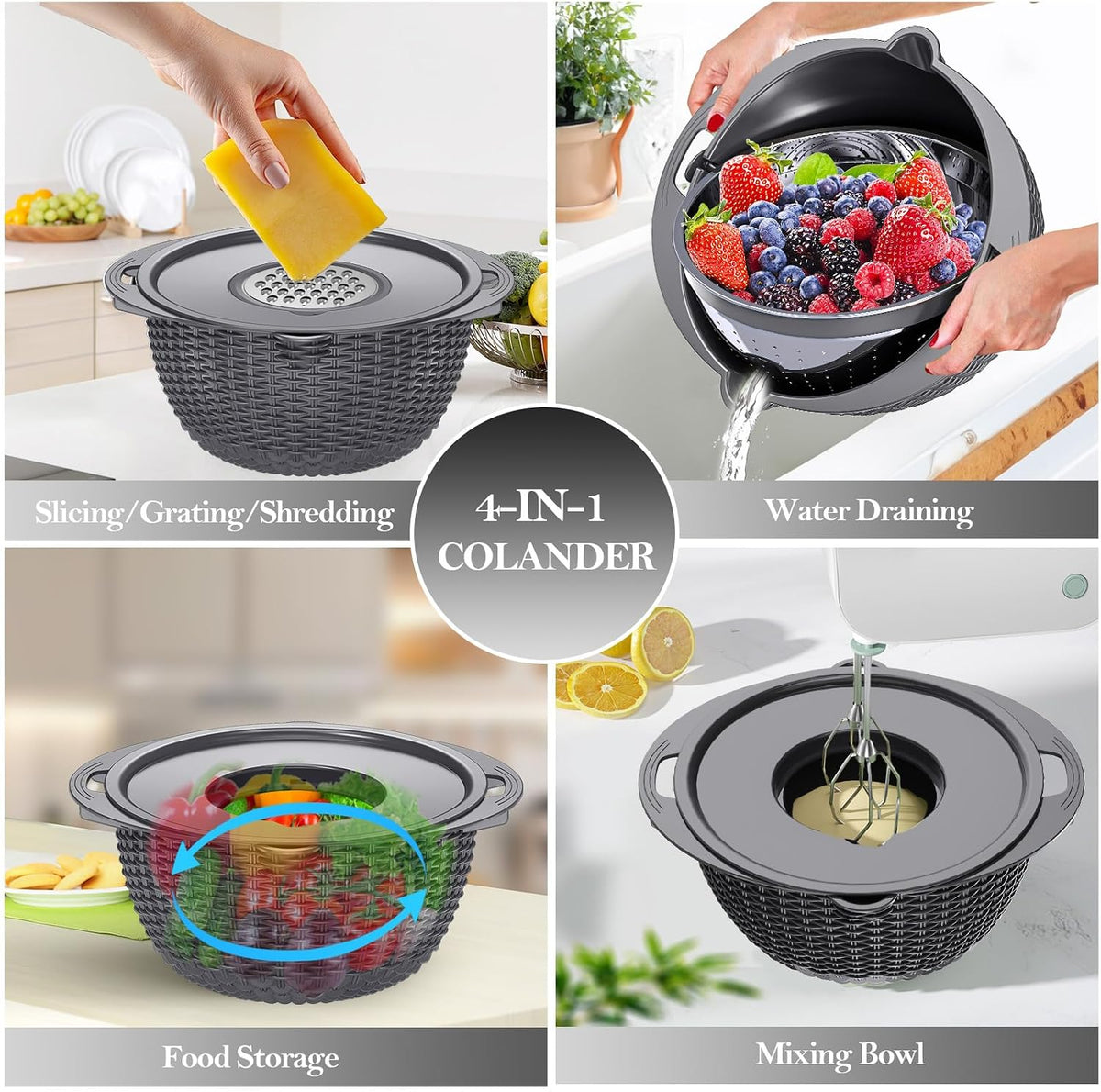4-1 Colander with Bowl Set, Food Strainers and Colanders, Fruit Washing Bowl with Strainer, Rotatable Colander for Kitchen, Aesthetic Kitchen Gadget, Christmas & New Year Gifts - Beige